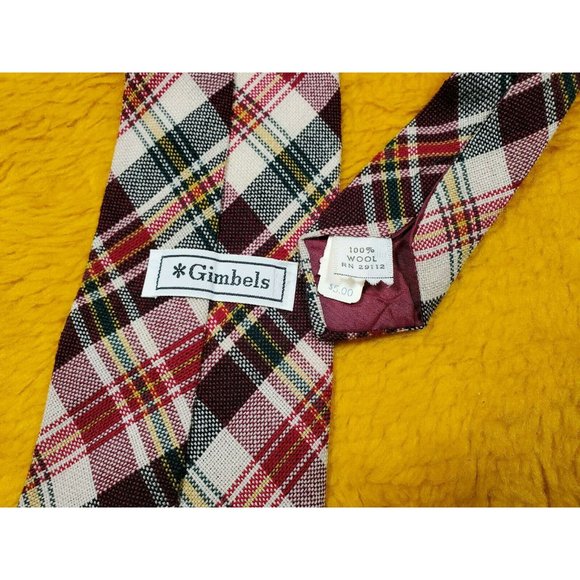 1970s GIMBELS VINTAGE WOOL ~ FAT FATTIE MENS TIE ~ BROWN GREEN RED PLAID ~ 57" - Picture 4 of 4